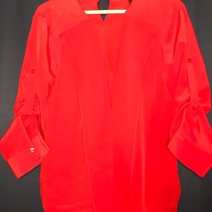 BCBG. Red silk blouse top with roll up sleeves